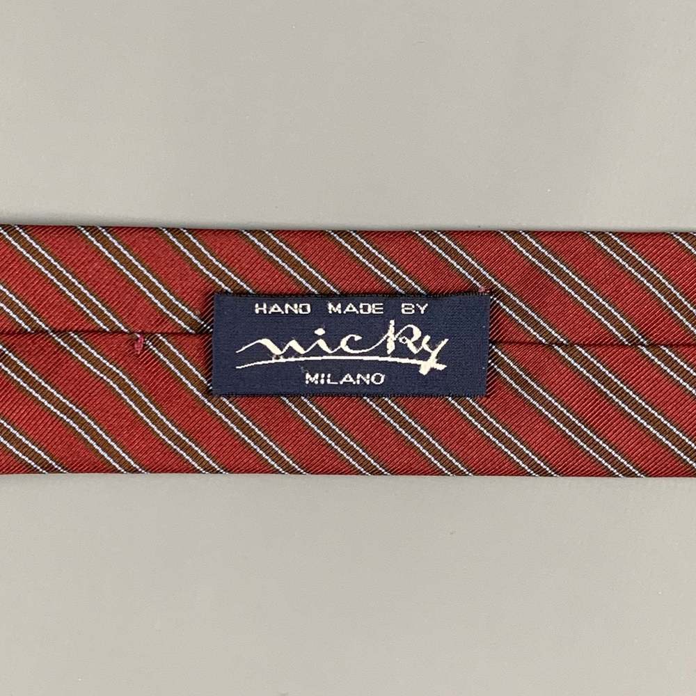 MICKY Burgundy Brown Diagonal Stripe Silk  Cotton Tie - Picture 5 of 6